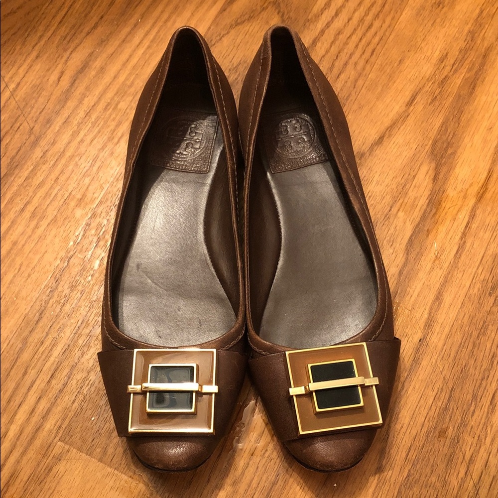 Tory Burch Brown Leather Flats with Gold Buckle